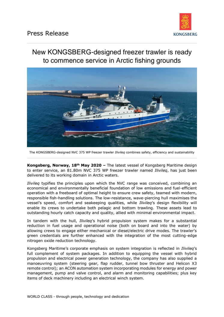 New KONGSBERG-designed freezer trawler is ready to commence service in Arctic fishing grounds