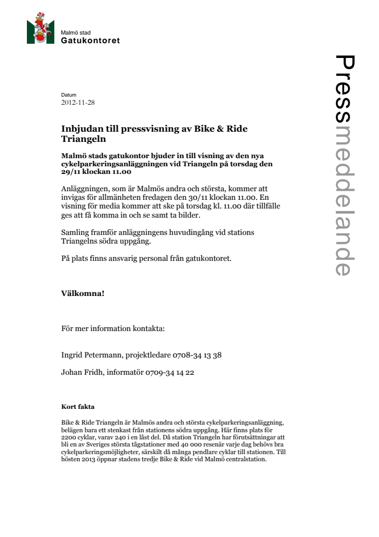 Inbjudan till pressvisning av Bike & Ride Triangeln