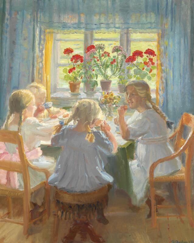 Anna Ancher- Småpiger til teselskab i Nordstuen i Anchers hus. Sign. A. Ancher 1919. Olie på lærred. 79 x 64. Vurdering- 800.000-1.200.000 kr.