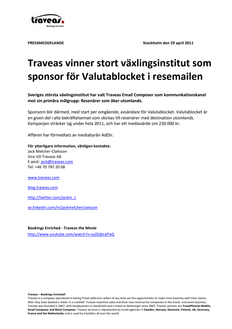Traveas vinner stort växlingsinstitut som sponsor för Valutablocket i resemailen  