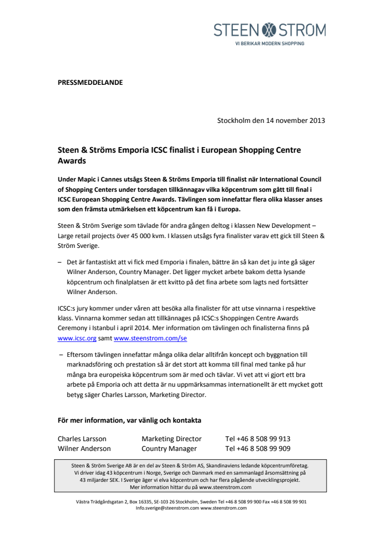 Steen & Ströms Emporia ICSC finalist i European Shopping Centre Awards