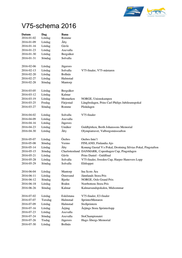 V75-schema för 2016 inklusive sommaronsdagar