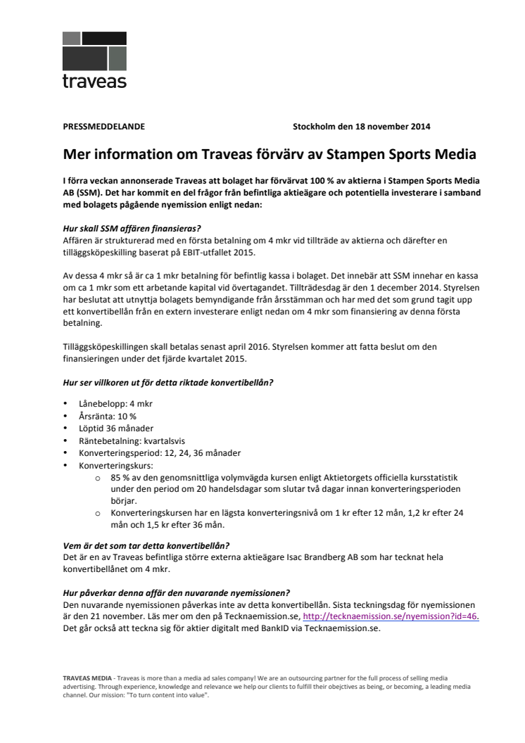 Mer information om Traveas förvärv av Stampen Sports Media