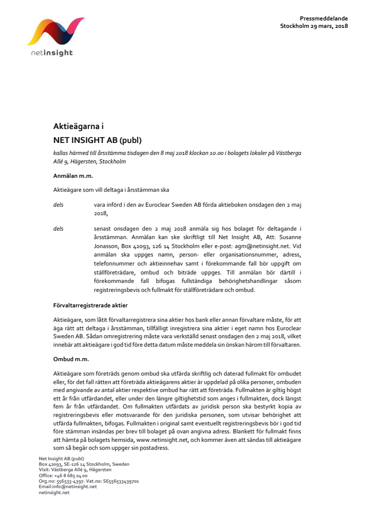 Net Insight AB: Kallelse till årsstämma i Net Insight AB