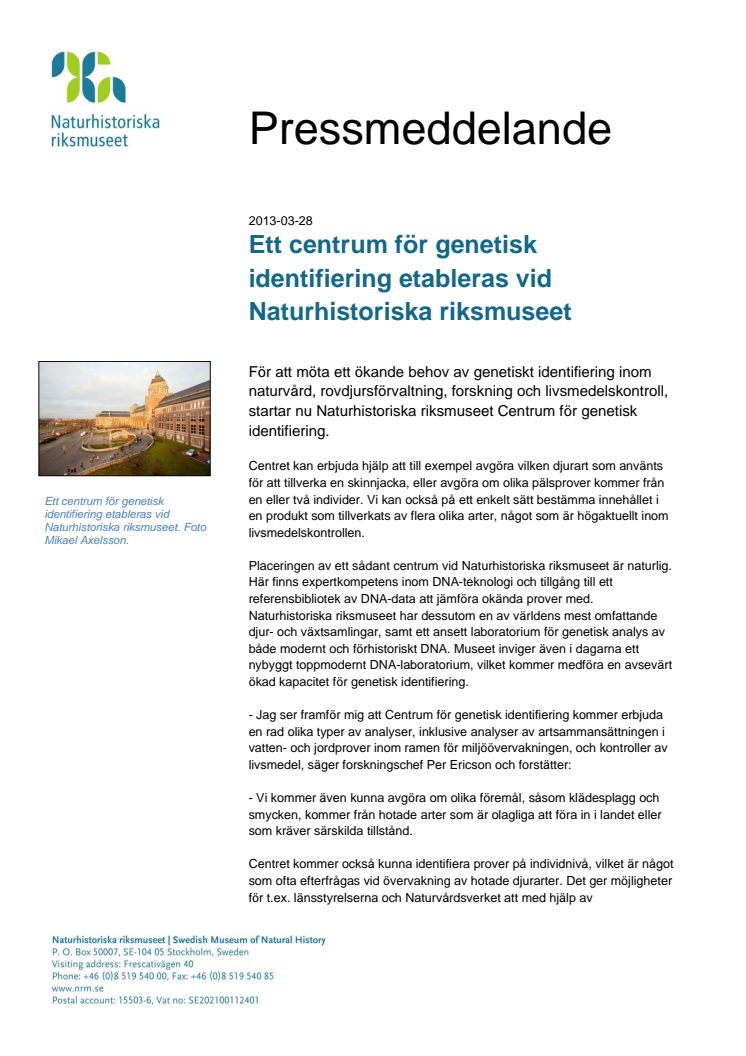 Ett centrum för genetisk identifiering etableras vid Naturhistoriska riksmuseet