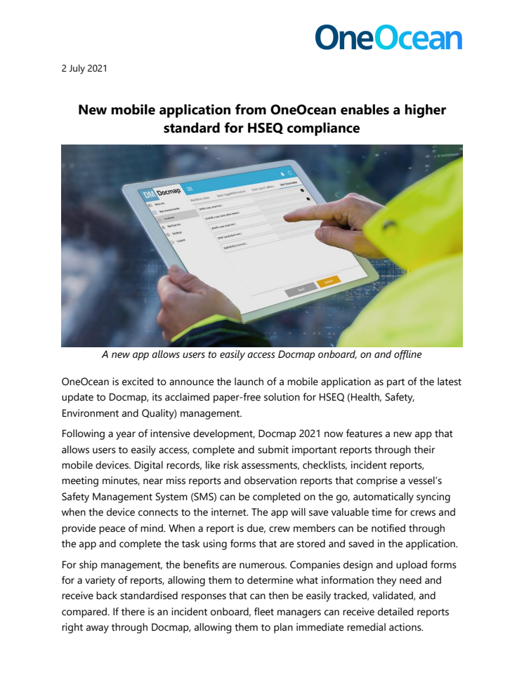 New mobile application from OneOcean enables a higher standard for HSEQ compliance