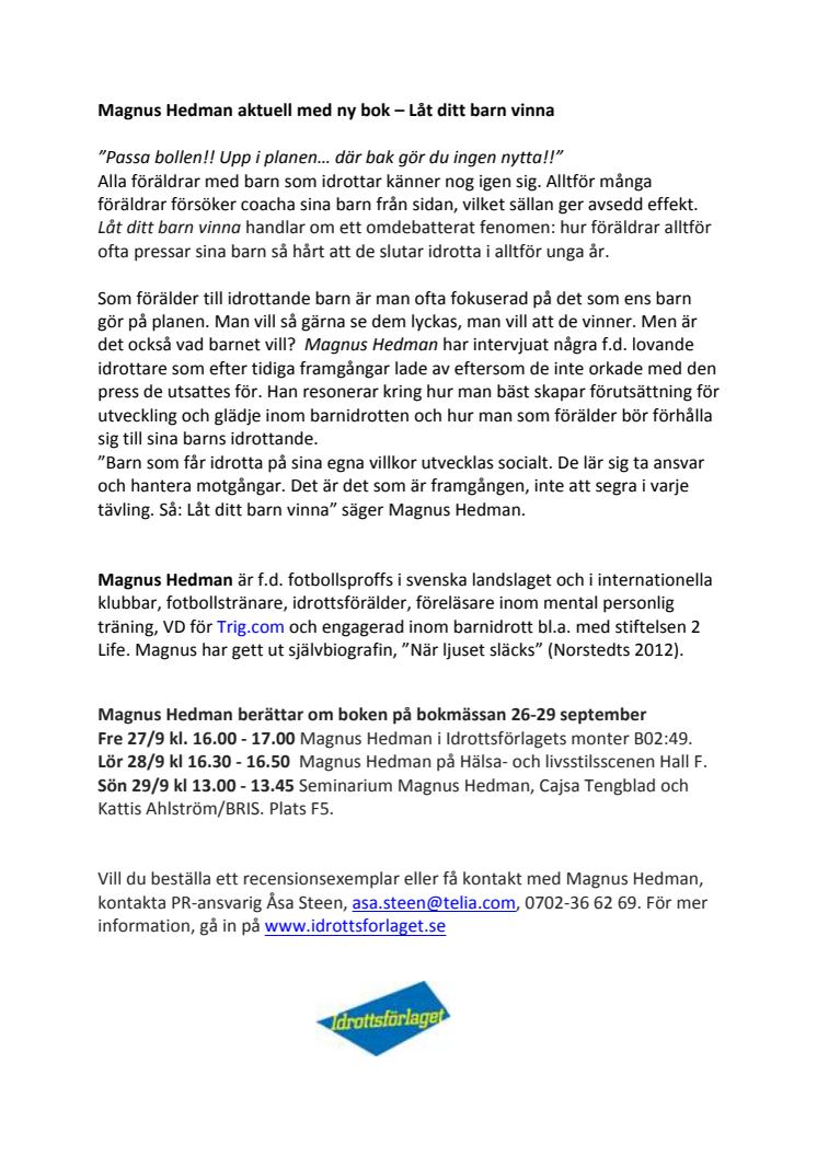 Magnus Hedman aktuell med ny bok – Låt ditt barn vinna