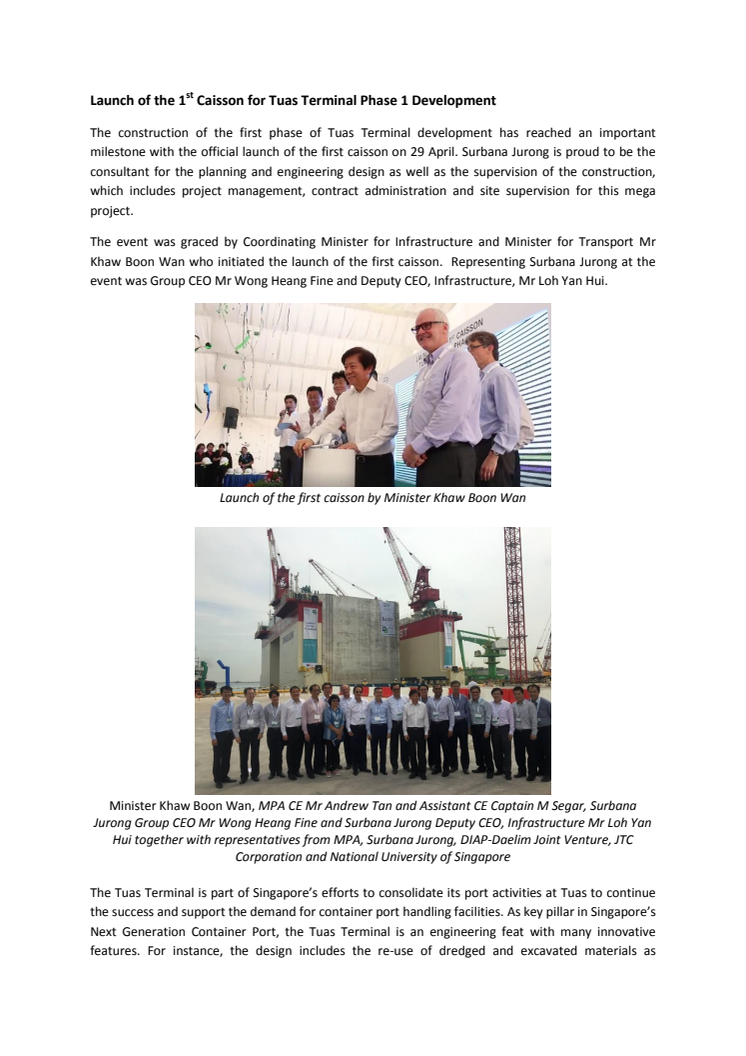 Launch of the 1st Caisson for Tuas Terminal Phase 1 Development