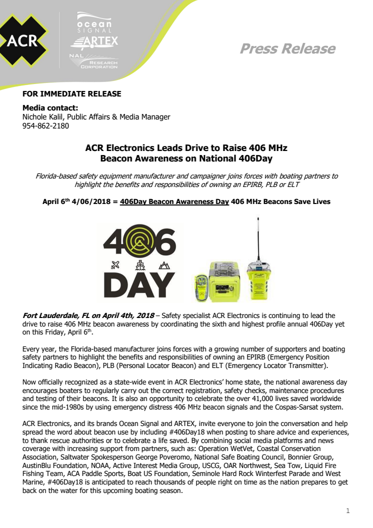 ACR Electronics Leads Drive to Raise 406 MHz  Beacon Awareness on National 406Day