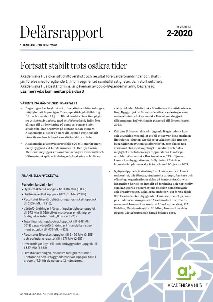 Delårsrapport 1 januari – 30 juni 2020