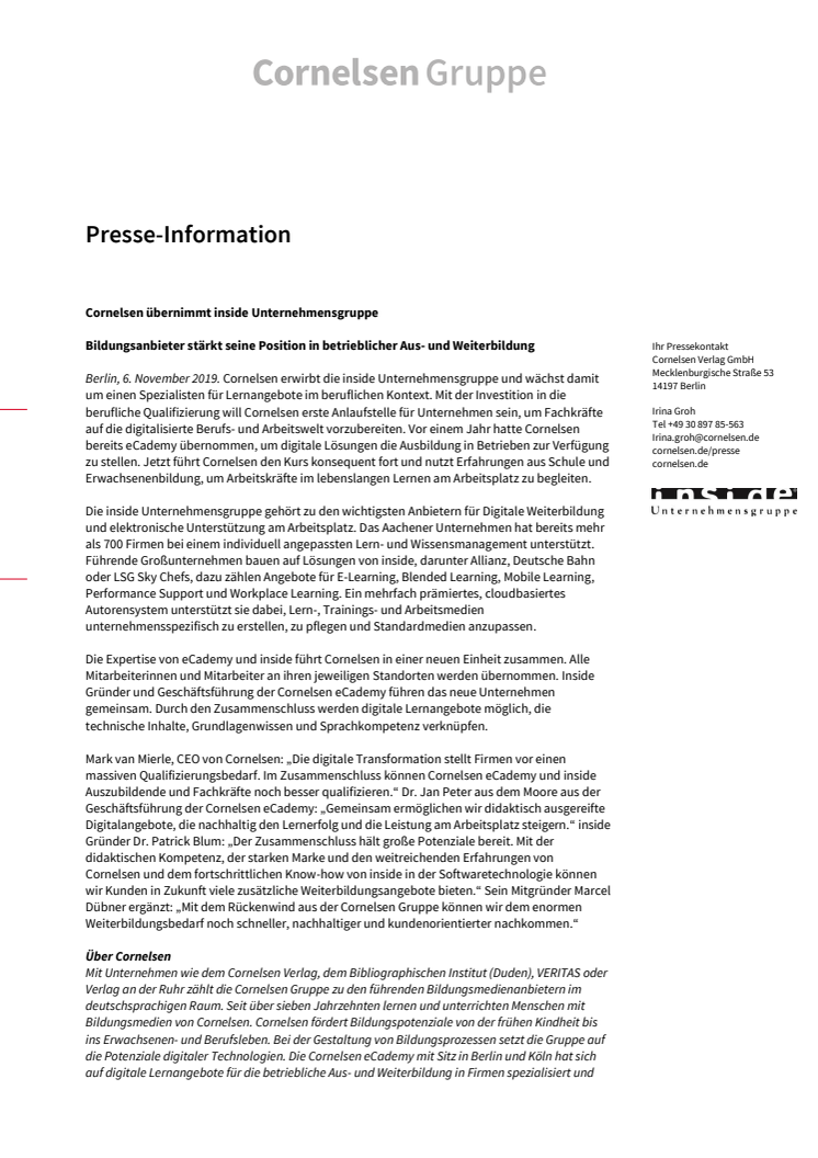 Cornelsen übernimmt inside Unternehmensgruppe