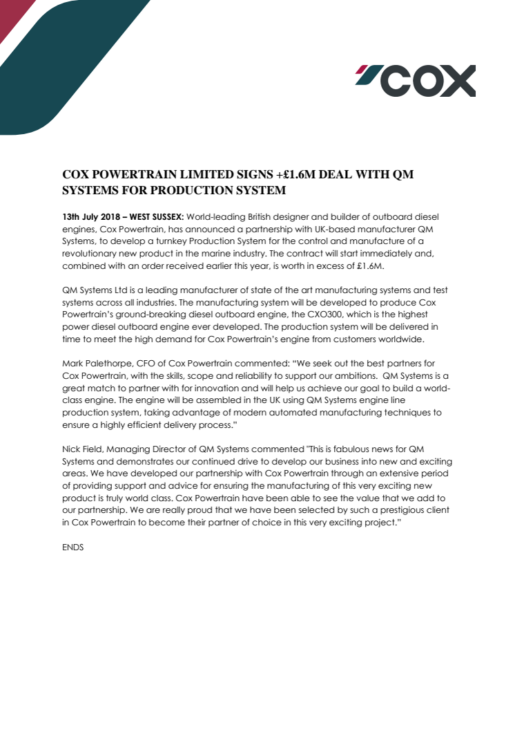 Cox Powertrain: Cox Powertrain Limited Signs +£1.6M Deal With QM Systems For Production System