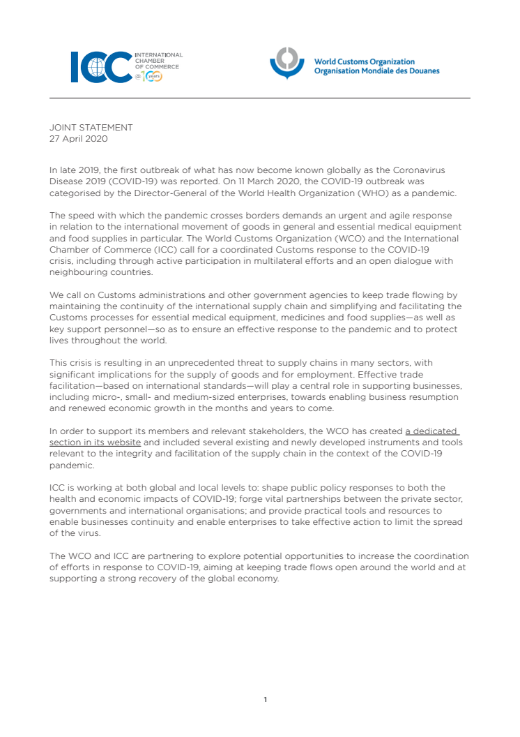 ICC-WCO Joint Statement in response to Covid-19