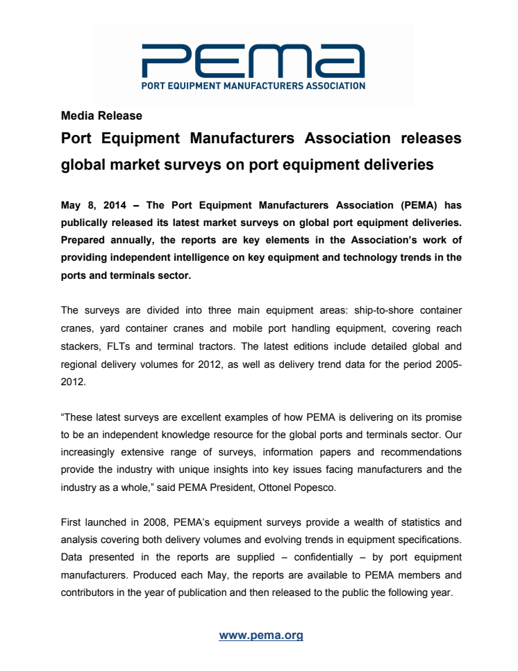 PEMA releases global market surveys on port equipment deliveries
