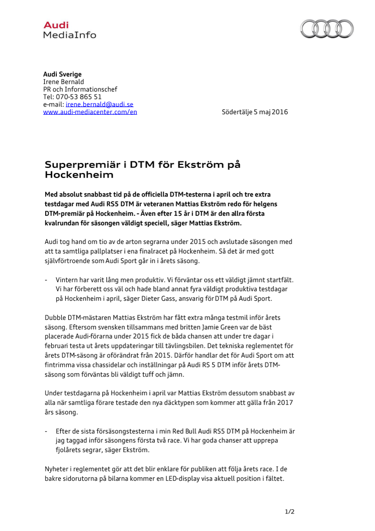 Superpremiär i DTM för Ekström på Hockenheim