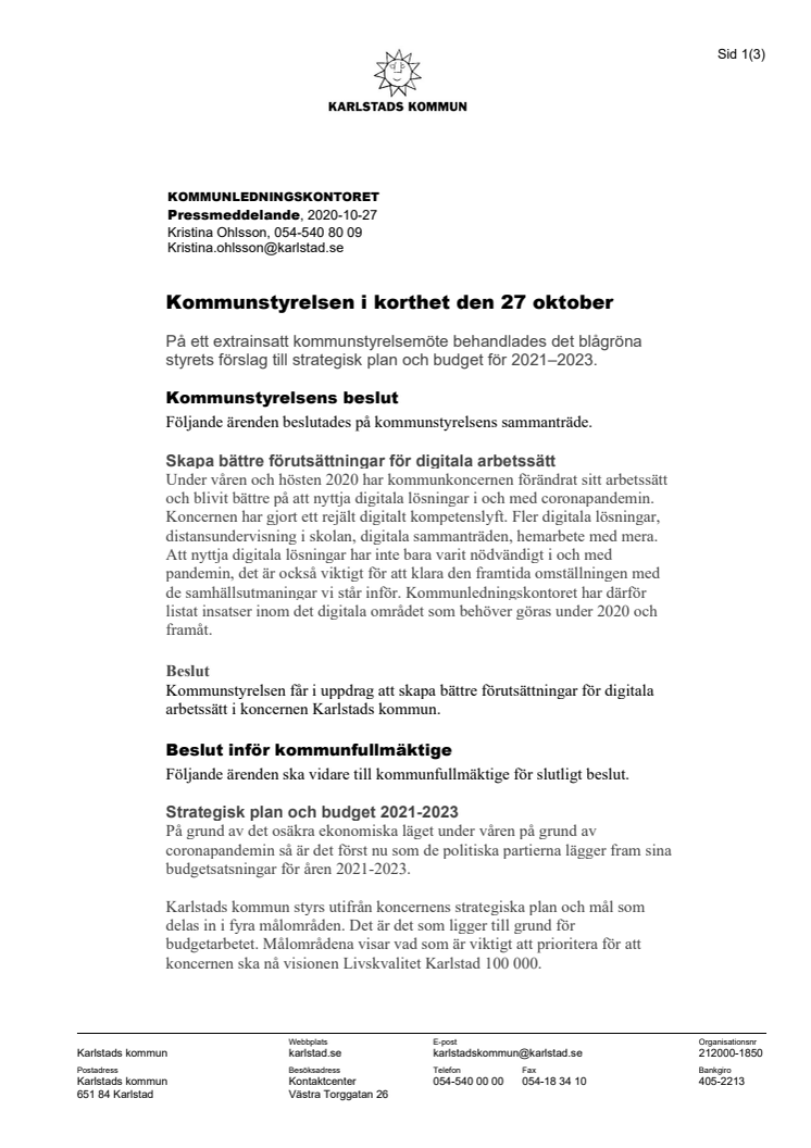 Kommunstyrelsen i korthet den 27 oktober