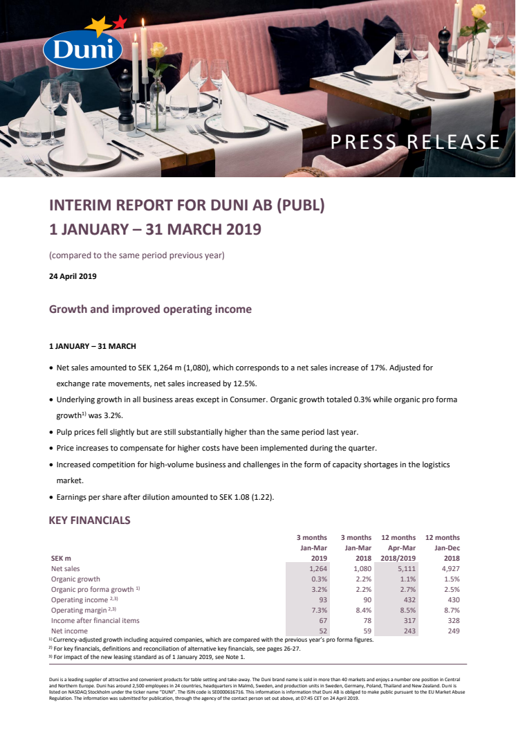 Interim report for Duni Ab (publ) 1 January - 31 March