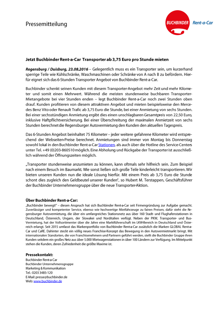 Jetzt Buchbinder Rent-a-Car Transporter ab 3,75 Euro pro Stunde mieten