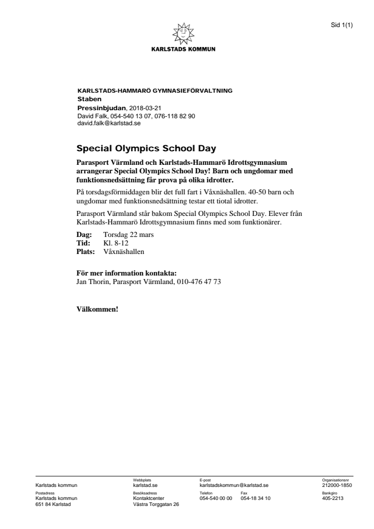 Pressinbjudan - Special Olympics School Day