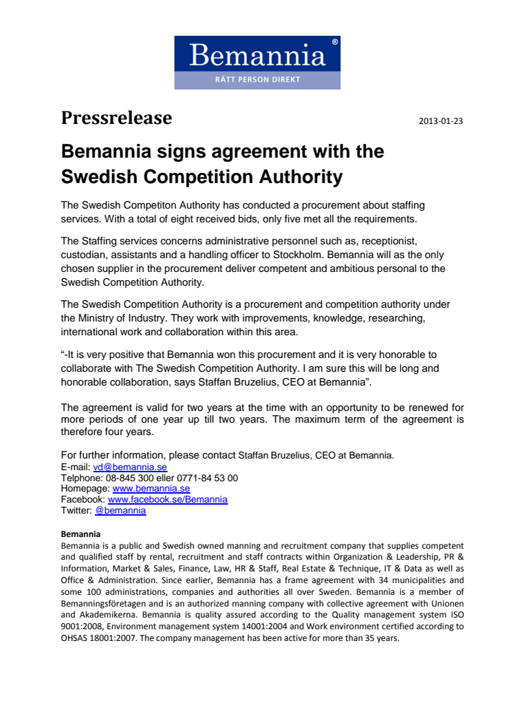 Bemannia signs agreement with the Swedish Competition Authority 