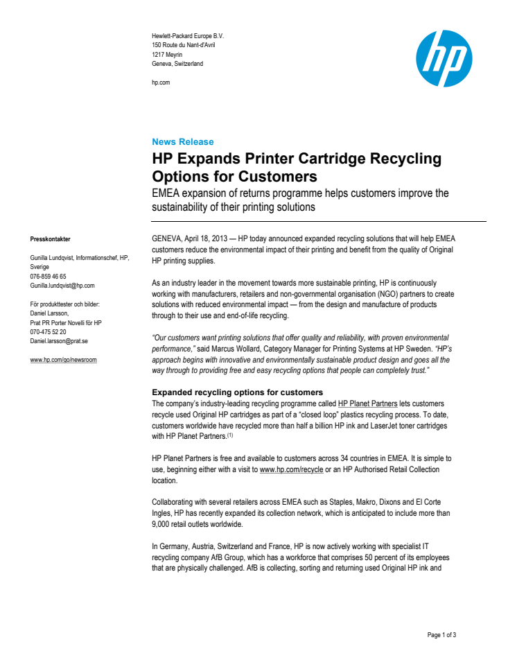 HP Expands Printer Cartridge Recycling Options for Customers