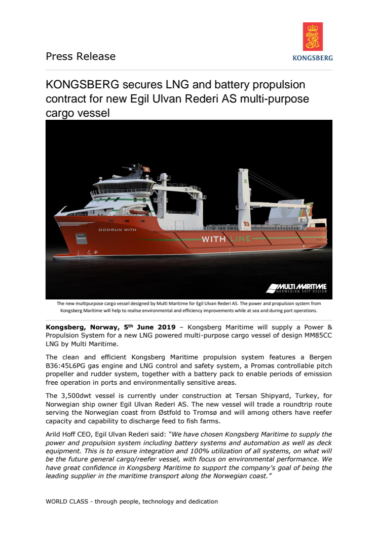 KONGSBERG secures LNG and battery propulsion contract for new Egil Ulvan Rederi AS multi-purpose cargo vessel