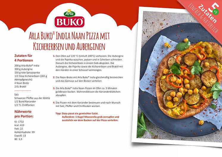 Rezeptkarte Arla Buko® India Naan Pizza mit Kichererbsen und Auberginen