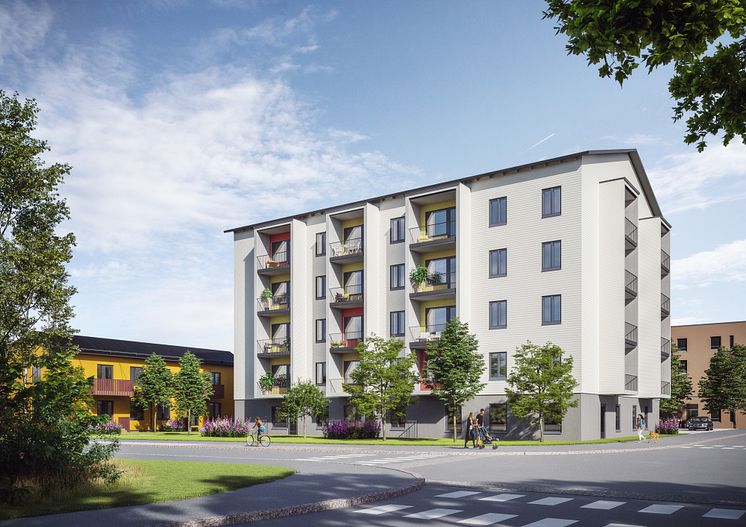 Det nya femvåningshuset i trä som ska byggas i Björkhagen i Vanda, Finland. 