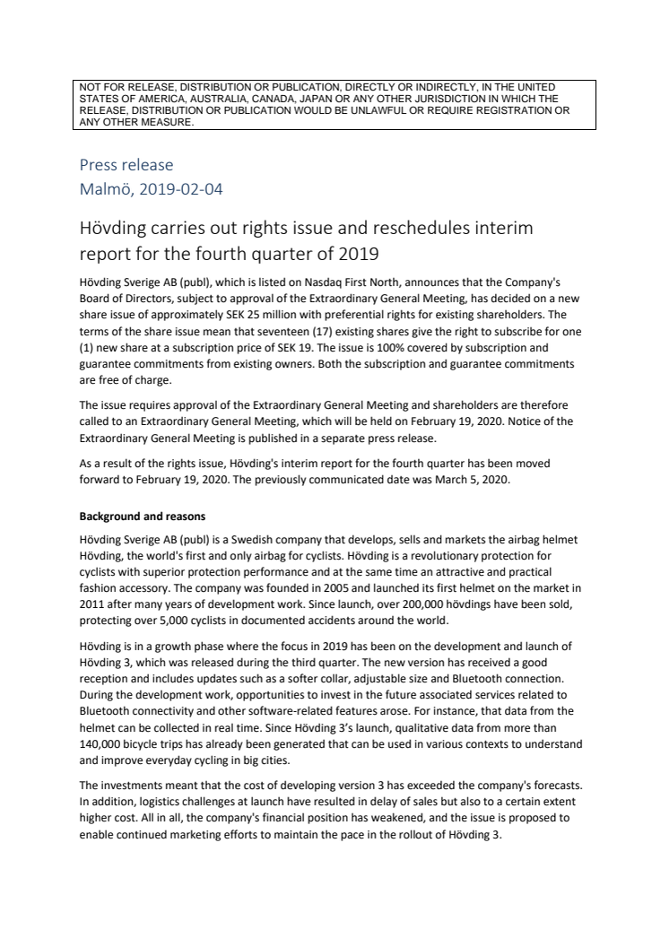 Hövding carries out rights issue and reschedules interim report for the fourth quarter of 2019