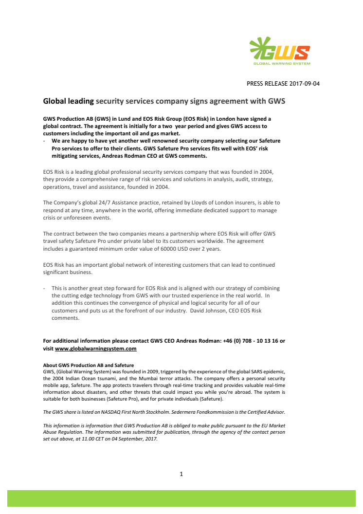 Global leading security services company signs agreement with GWS