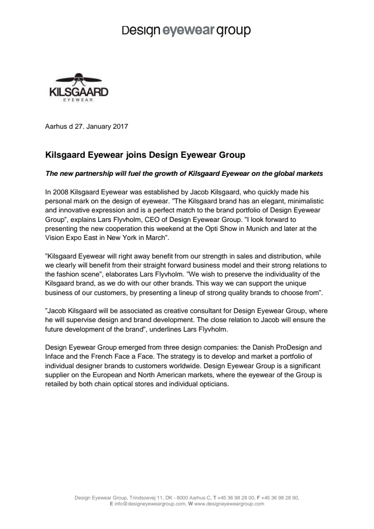 Kilsgaard Eyewear joins Design Eyewear Group