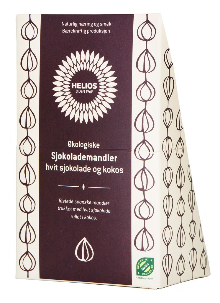 Helios mandler med hvit sjokolade og kokos økologisk (skrå) 100 g