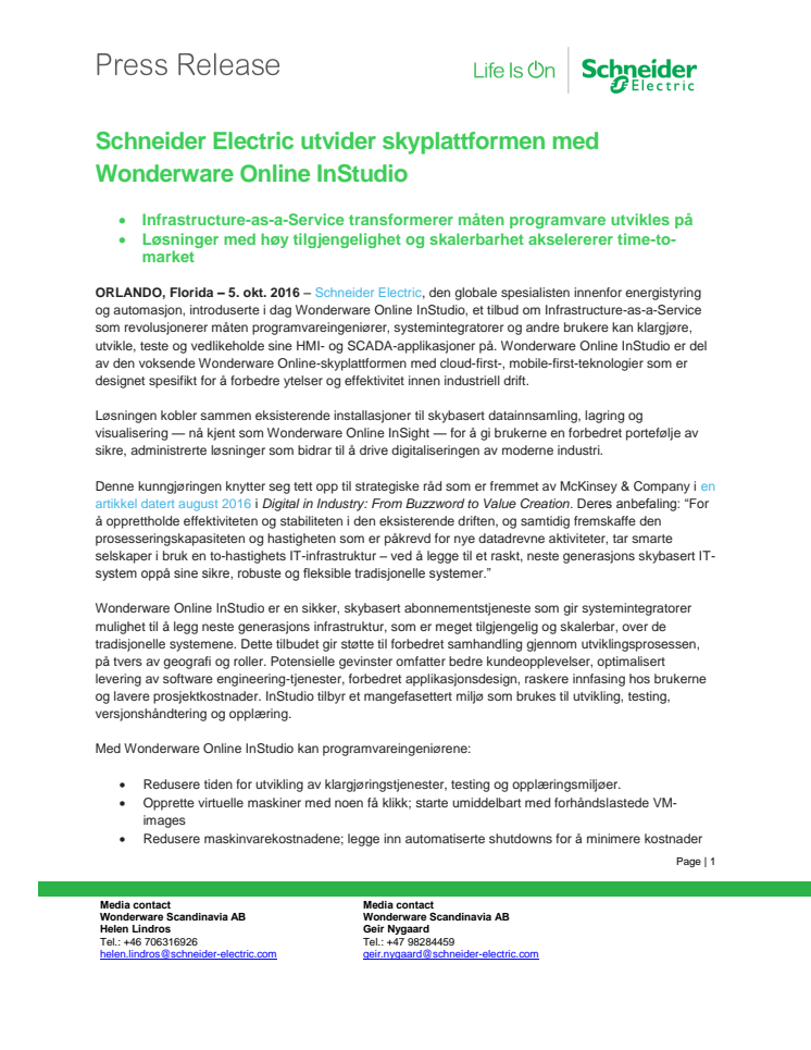 Schneider Electric utvider skyplattformen med Wonderware Online Instudio