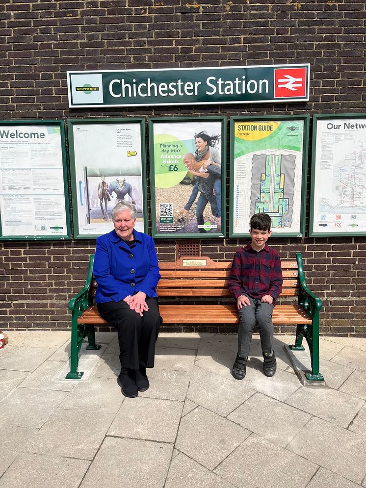 Trevor Tupper’s wife Monica and grandson Felix on the commemorative bench at Chichester