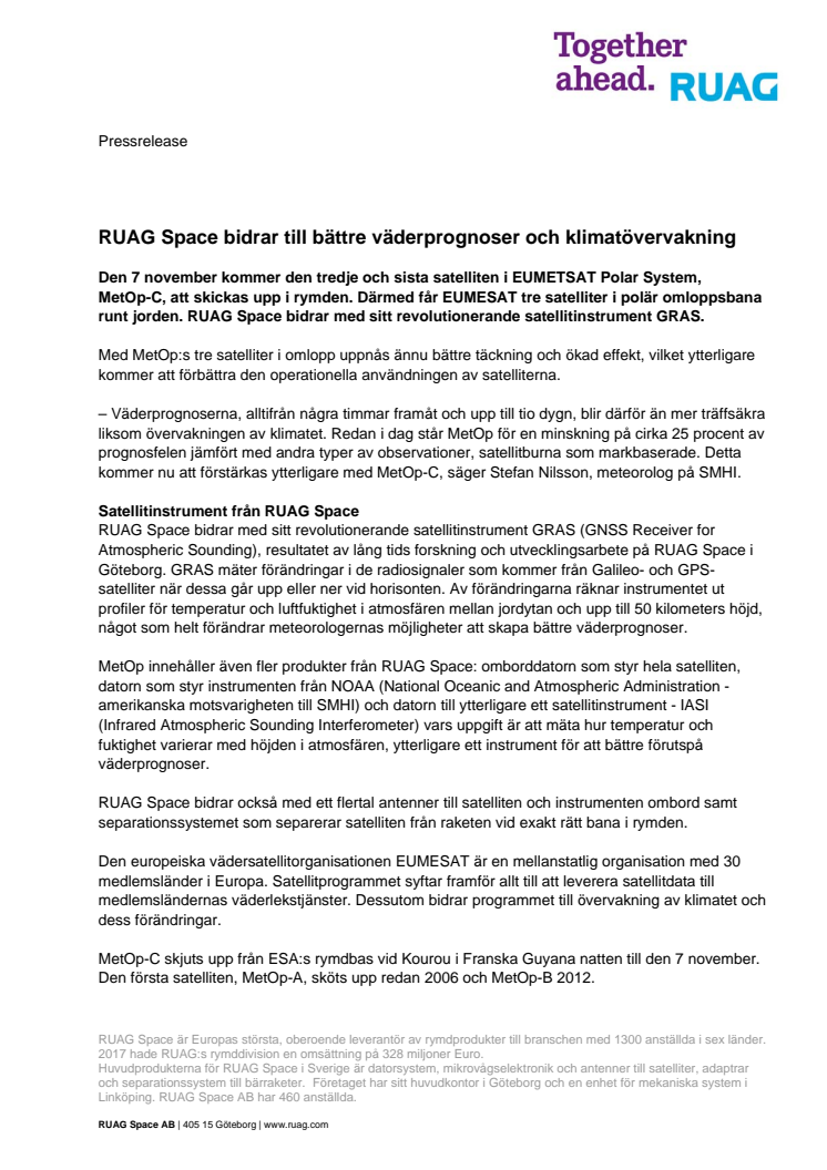 RUAG Space bidrar till bättre väderprognoser och klimatövervakning