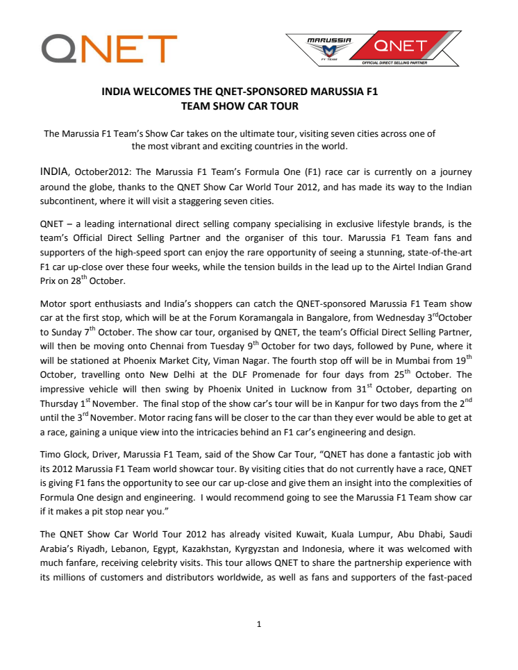 India welcomes the QNET-sponsored Marussia F1 Team Show Car Tour