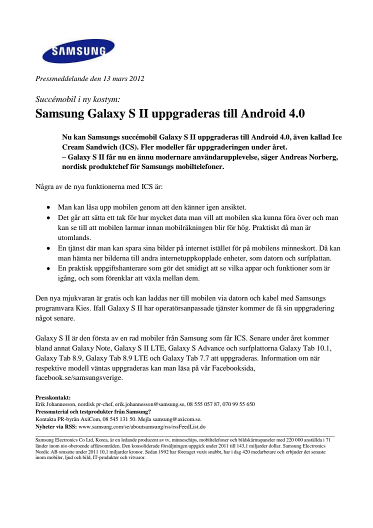 Succémobil i ny kostym: Samsung Galaxy S II uppgraderas till Android 4.0