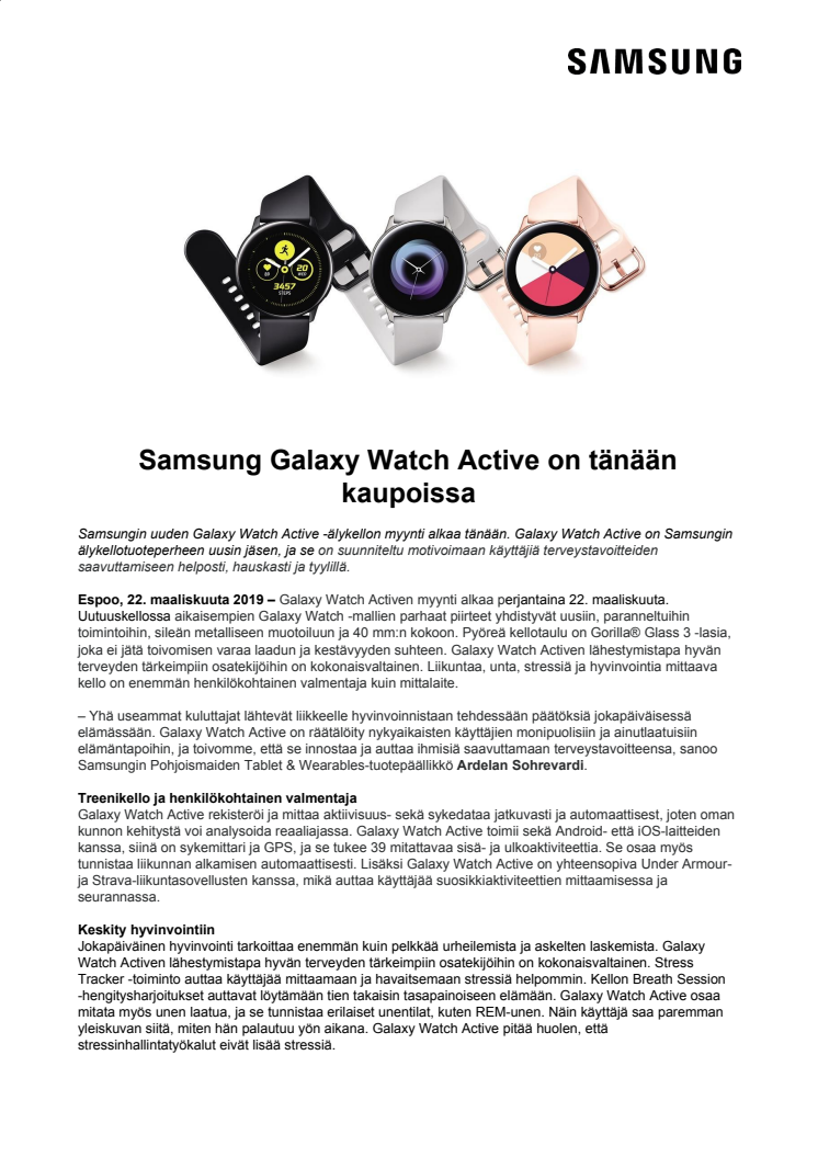 Samsung Galaxy Watch Active on tänään kaupoissa