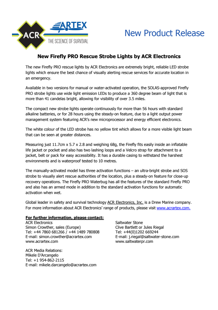 ACR Electronics Inc: New Firefly Pro Rescue Strobe Lights by Acr Electronics  