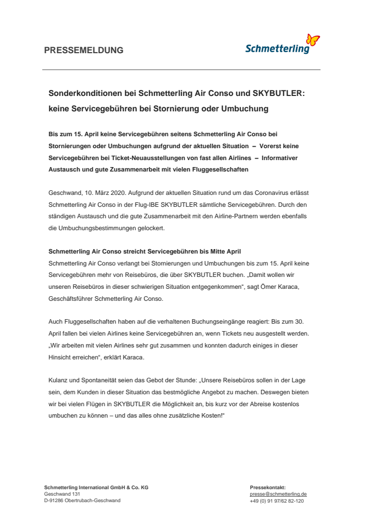 Sonderkonditionen bei Schmetterling Air Conso und SKYBUTLER: keine Servicegebühren bei Stornierung oder Umbuchung