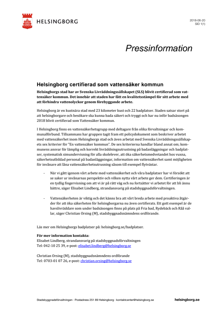 Helsingborg certifierad som vattensäker kommun