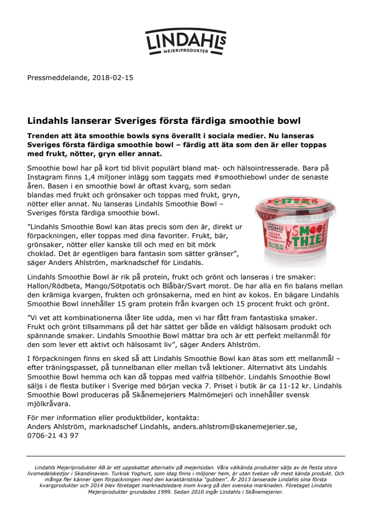 Lindahls lanserar Sveriges första färdiga smoothie bowl 