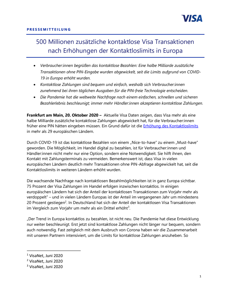 500 Millionen zusätzliche kontaktlose Visa Transaktionen nach  Erhöhungen der Kontaktloslimits in Europa