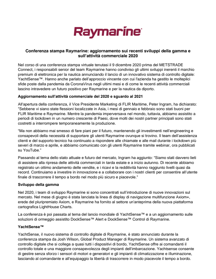 Conferenza stampa Raymarine: aggiornamento sui recenti sviluppi della gamma e  sull’attività commerciale 2020