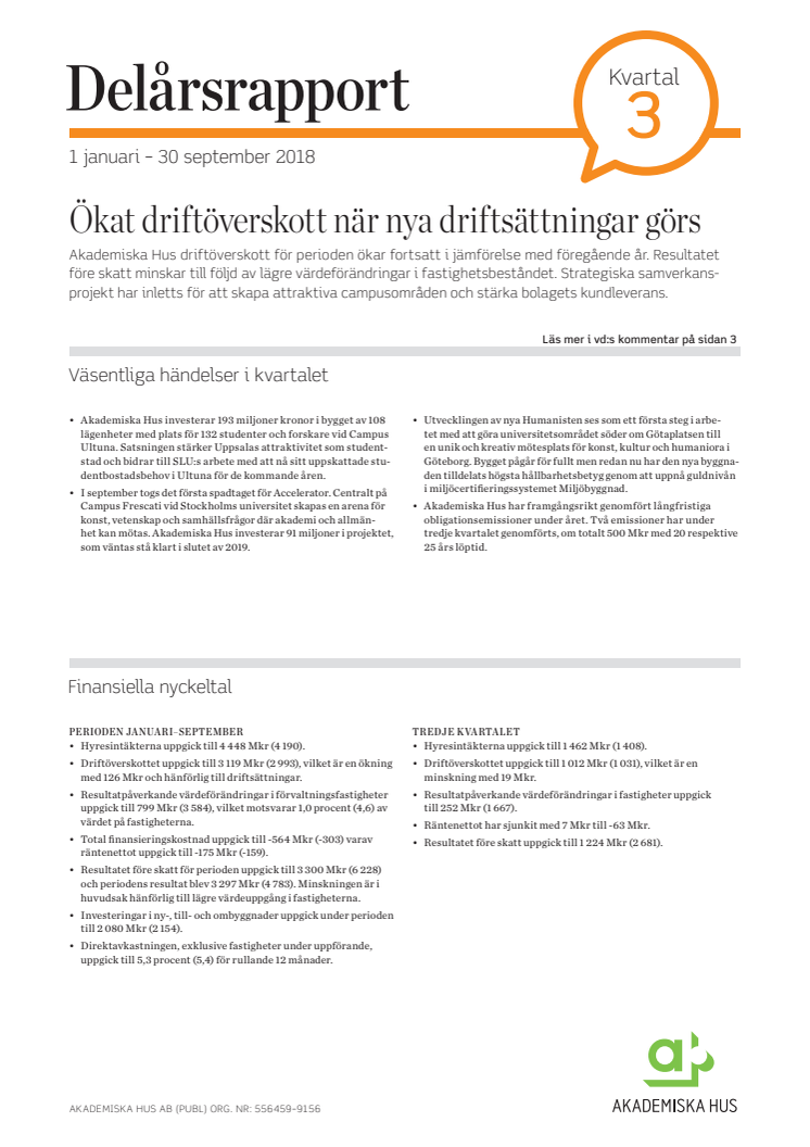 Delårsrapport 1 januari - 30 september 2018