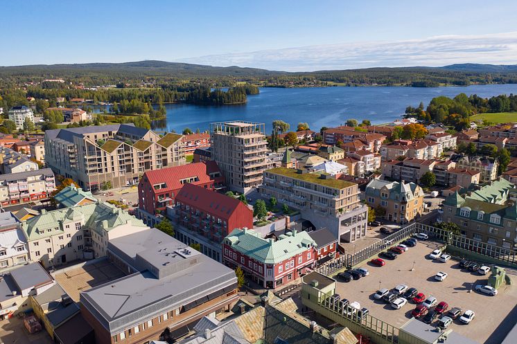 Flygvy över Dreem arkitekters förslag för kvarteret Brotorget Södra