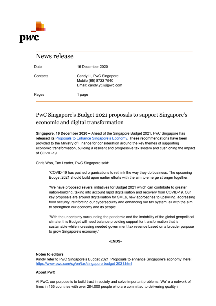 PwC Singapore’s Budget 2021 proposals to support Singapore’s economic and digital transformation