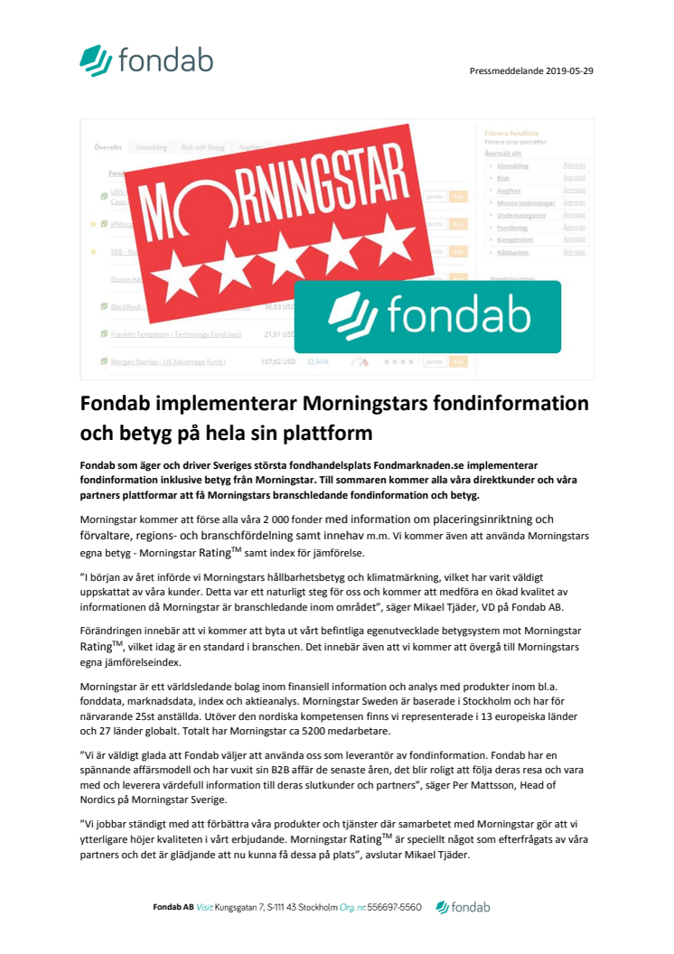 Fondab implementerar Morningstars fondinformation och betyg på hela sin plattform