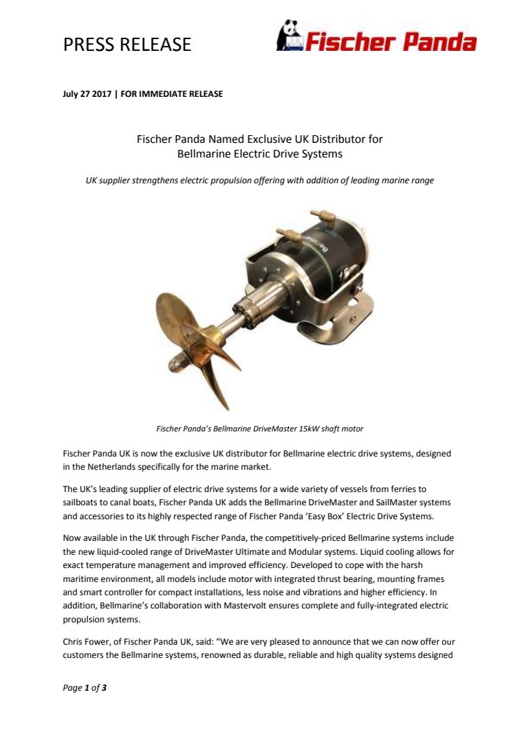 Fischer Panda: Fischer Panda Named Exclusive UK Distributor for Bellmarine Electric Drive Systems