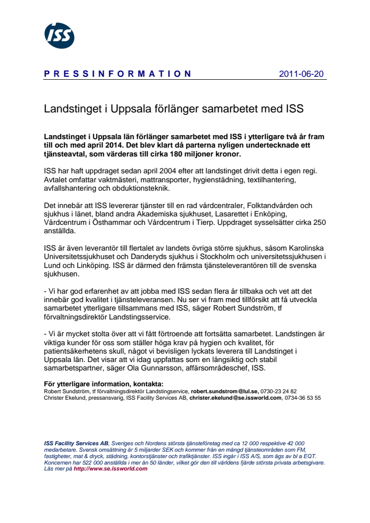 Landstinget i Uppsala förlänger samarbetet med ISS